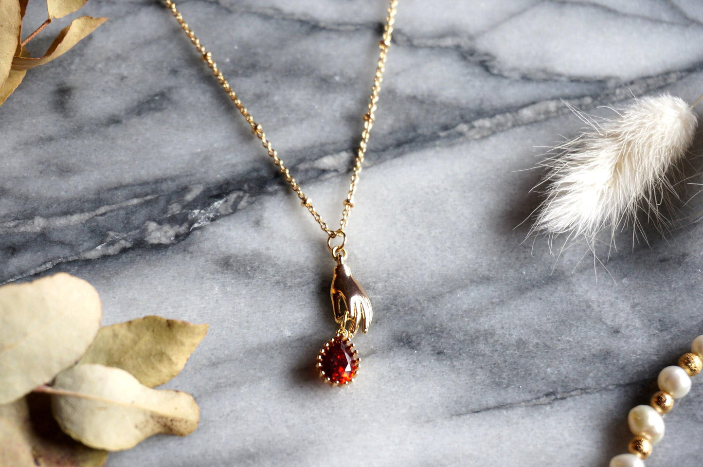 SCARLET Gold/Silver/Gunmetal Dainty Hand and Red Gem Necklace / Hand and Blood Drop Necklace