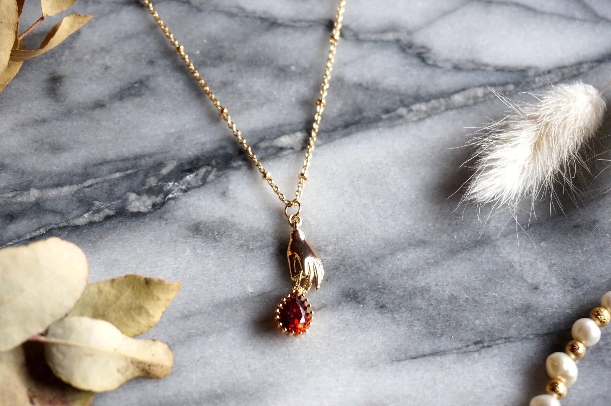 SCARLET Gold/Silver/Gunmetal Dainty Hand and Red Gem Necklace / Hand and Blood Drop Necklace
