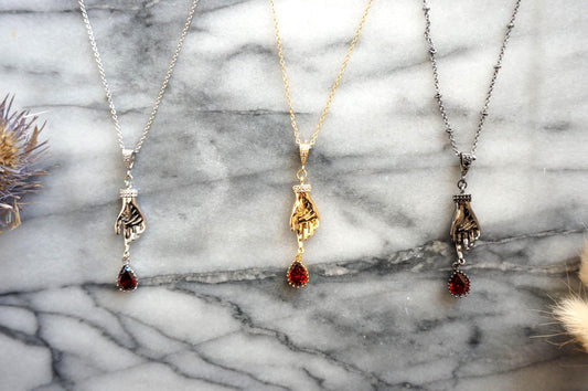 LADY MACBETH Gold / Silver / Black Hand and Blooddrop Dainty Necklace