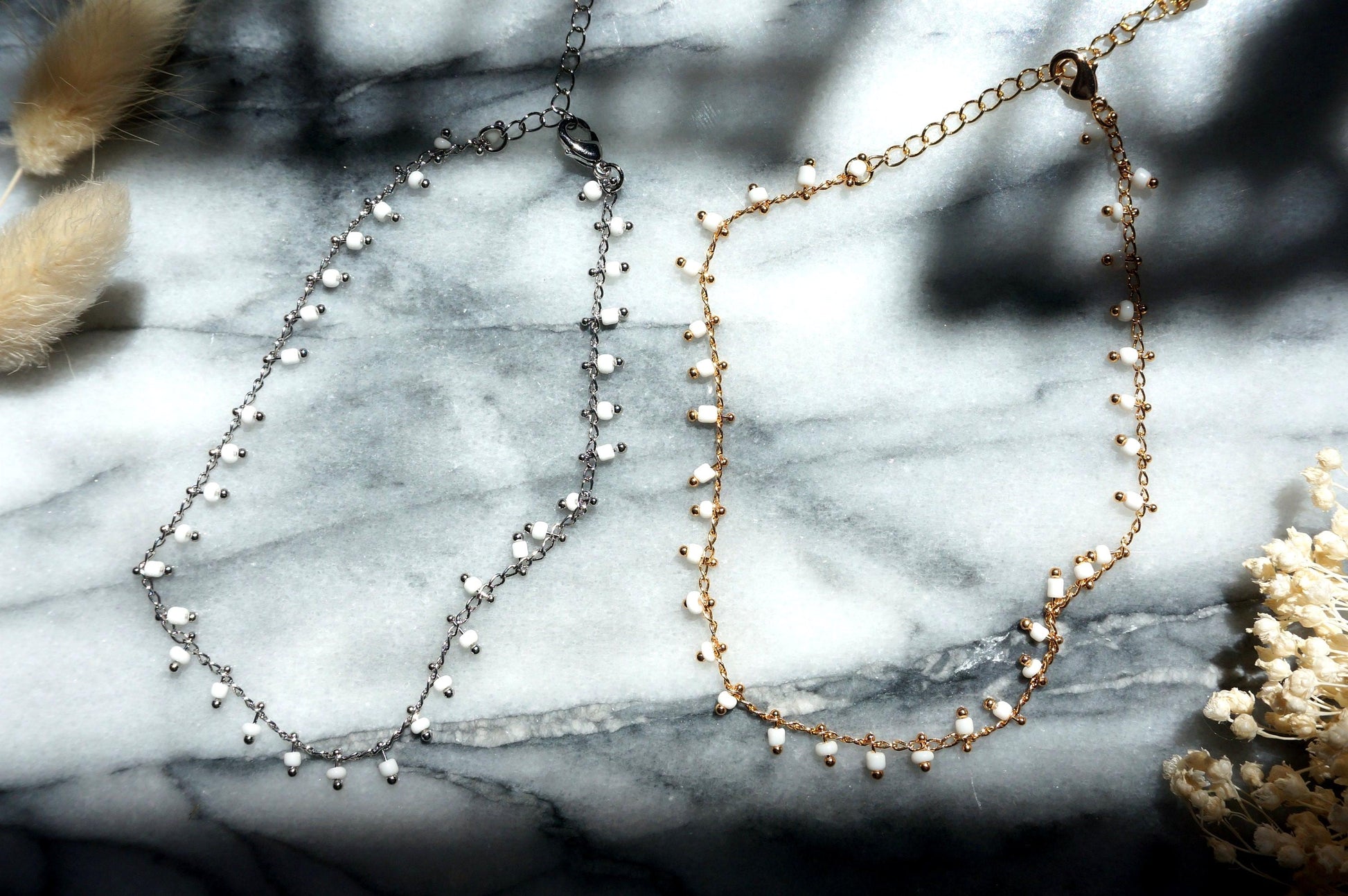 Gold / Silver White Beaded Anklets