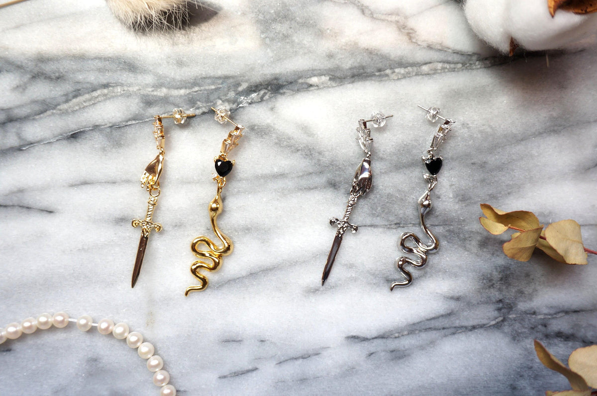 HERMES Gold/Silver Dagger and Serpent Mismatched Earrings/ Sword and Snake Earrings