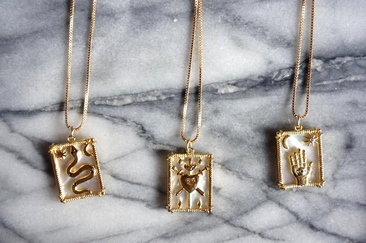 Gold Tarot card mother of pearl necklaces / Three of swords/ The Snake/ The fortune