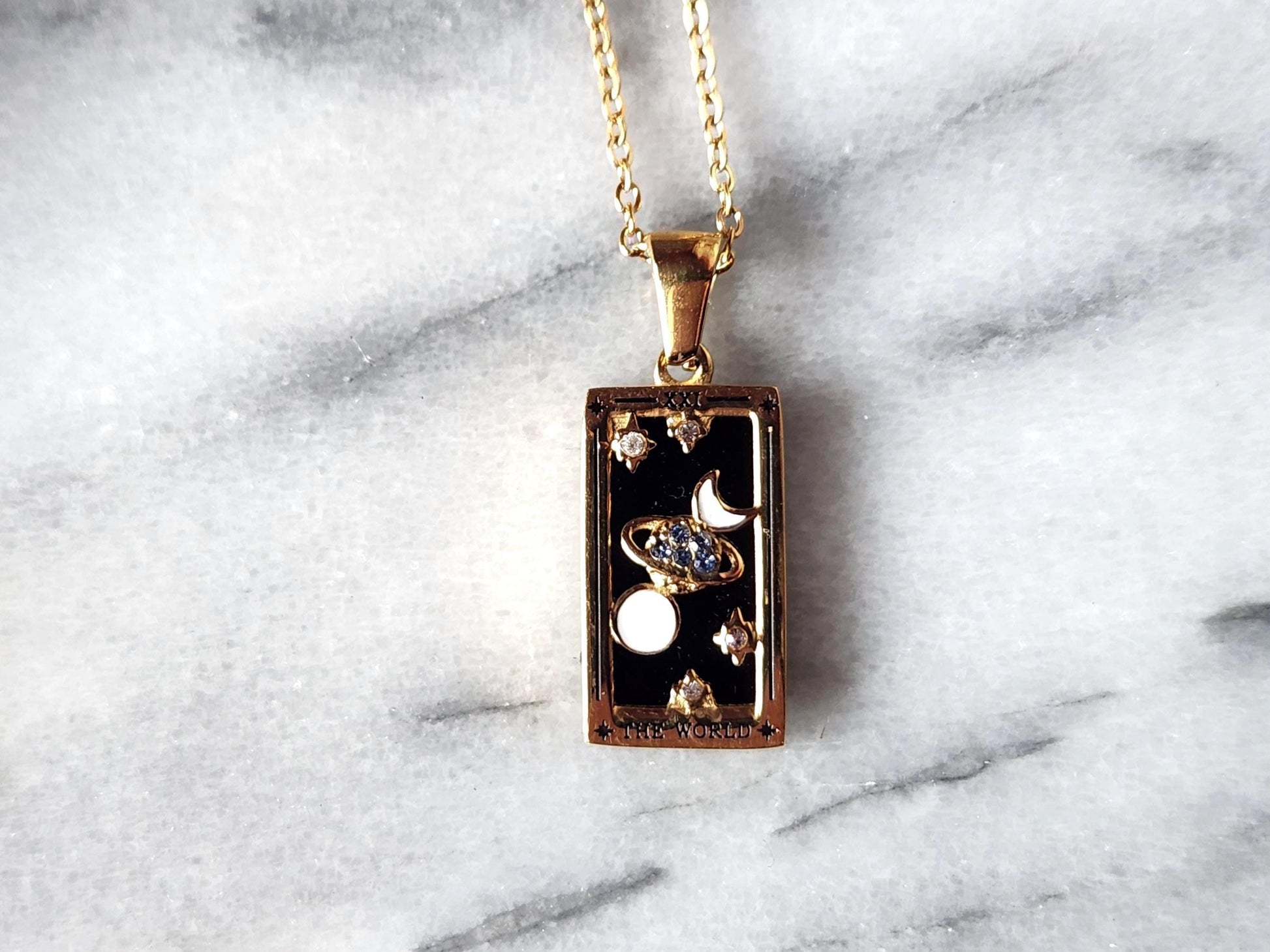 Gold Tarot Card Necklace / The Moon / The Lovers / The Magician / The World