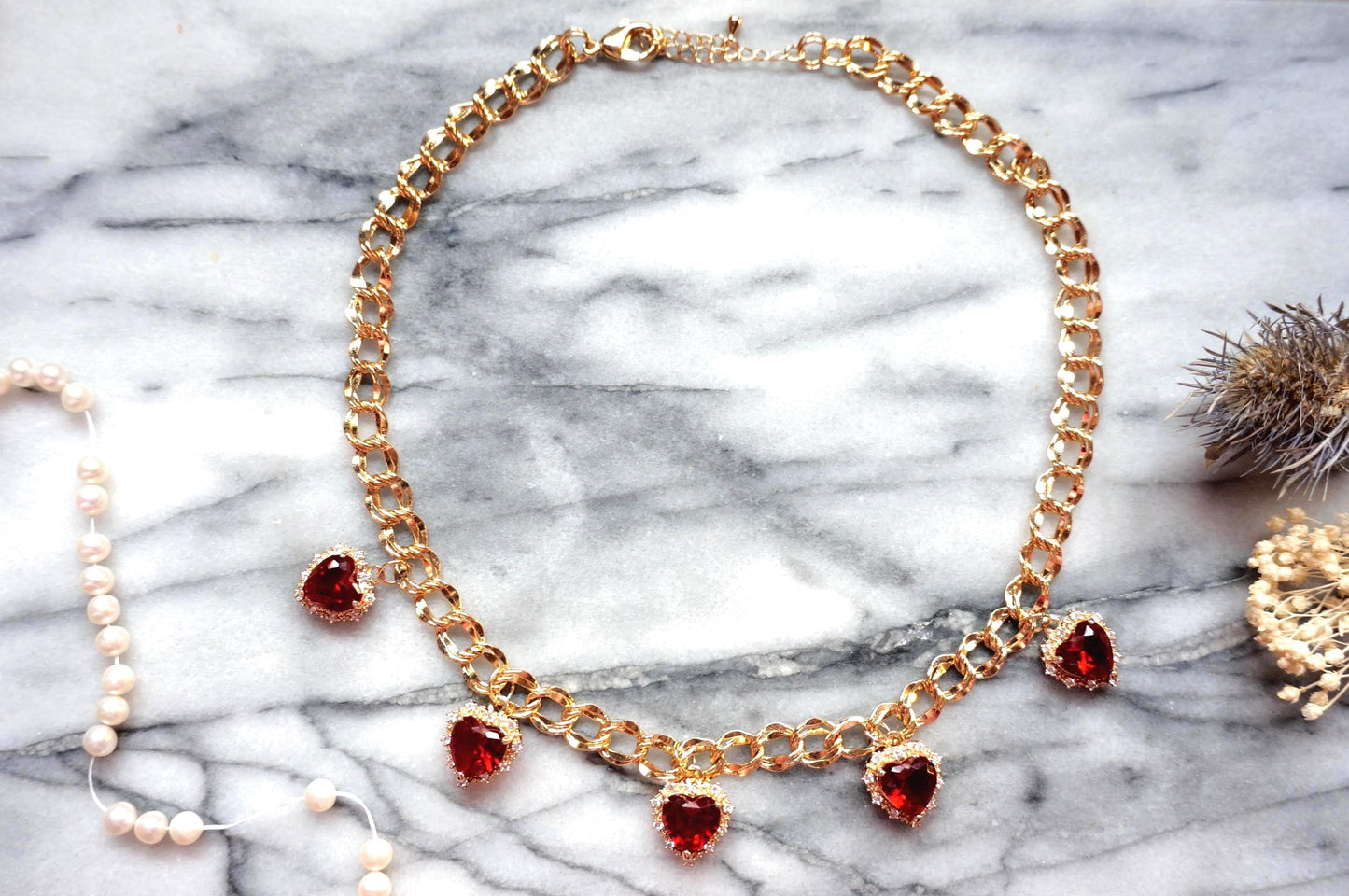 AMO Red/Green/Blue Heart Charms Chunky Gold Necklace