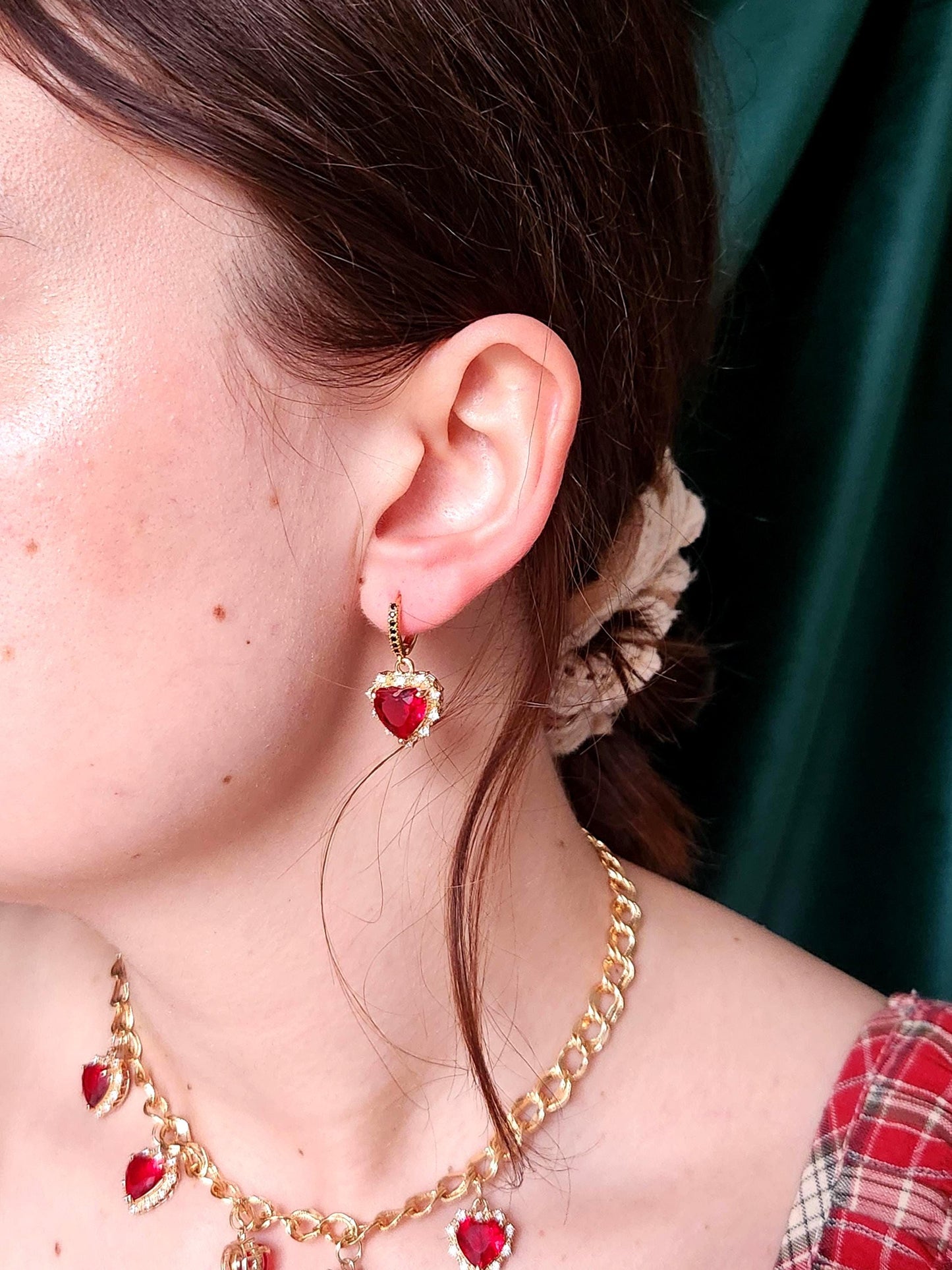 AMO Red/Blue/Green Heart Gold Earrings Studs/Huggies