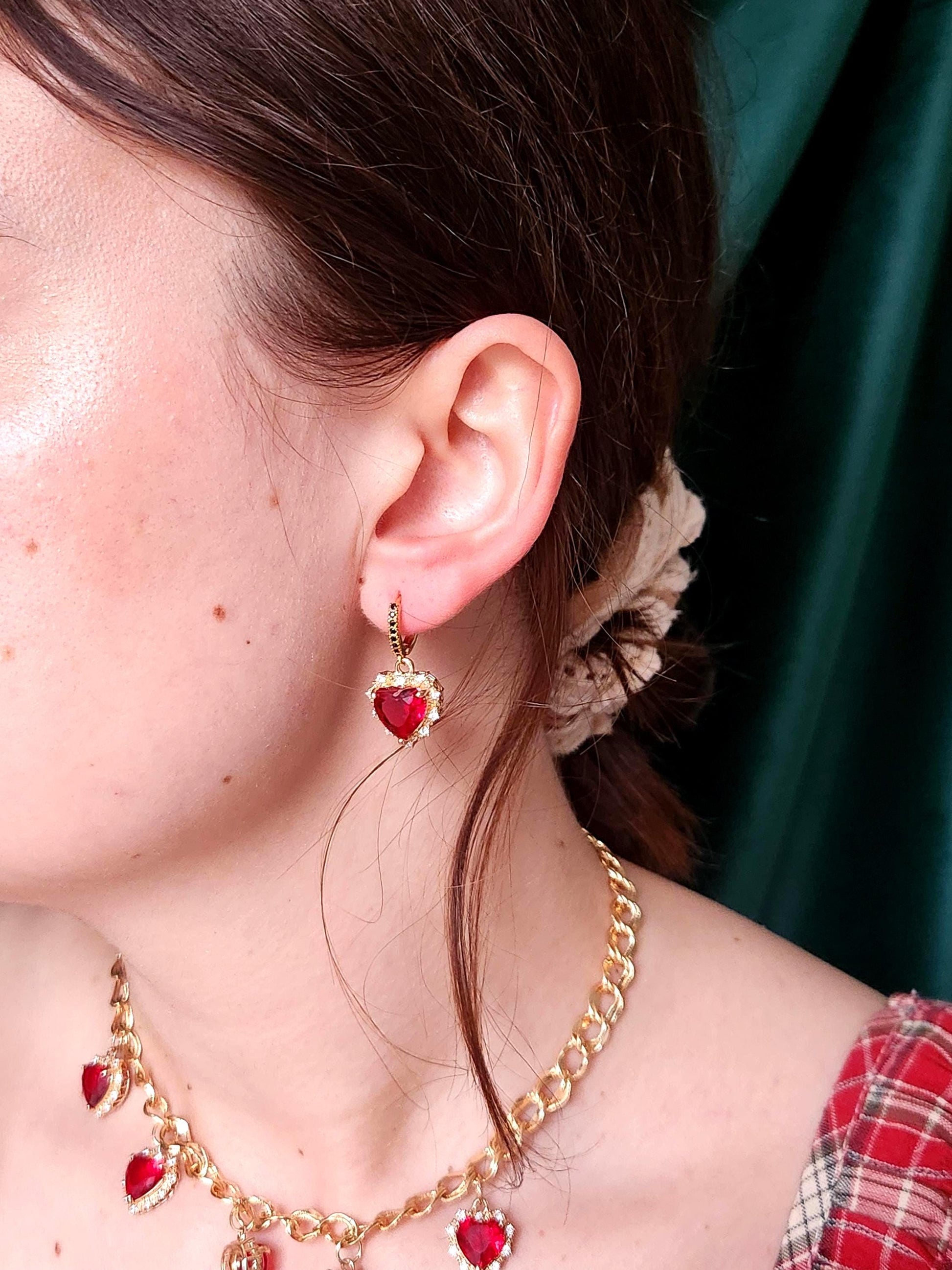 AMO Red/Blue/Green Heart Gold Earrings Studs/Huggies