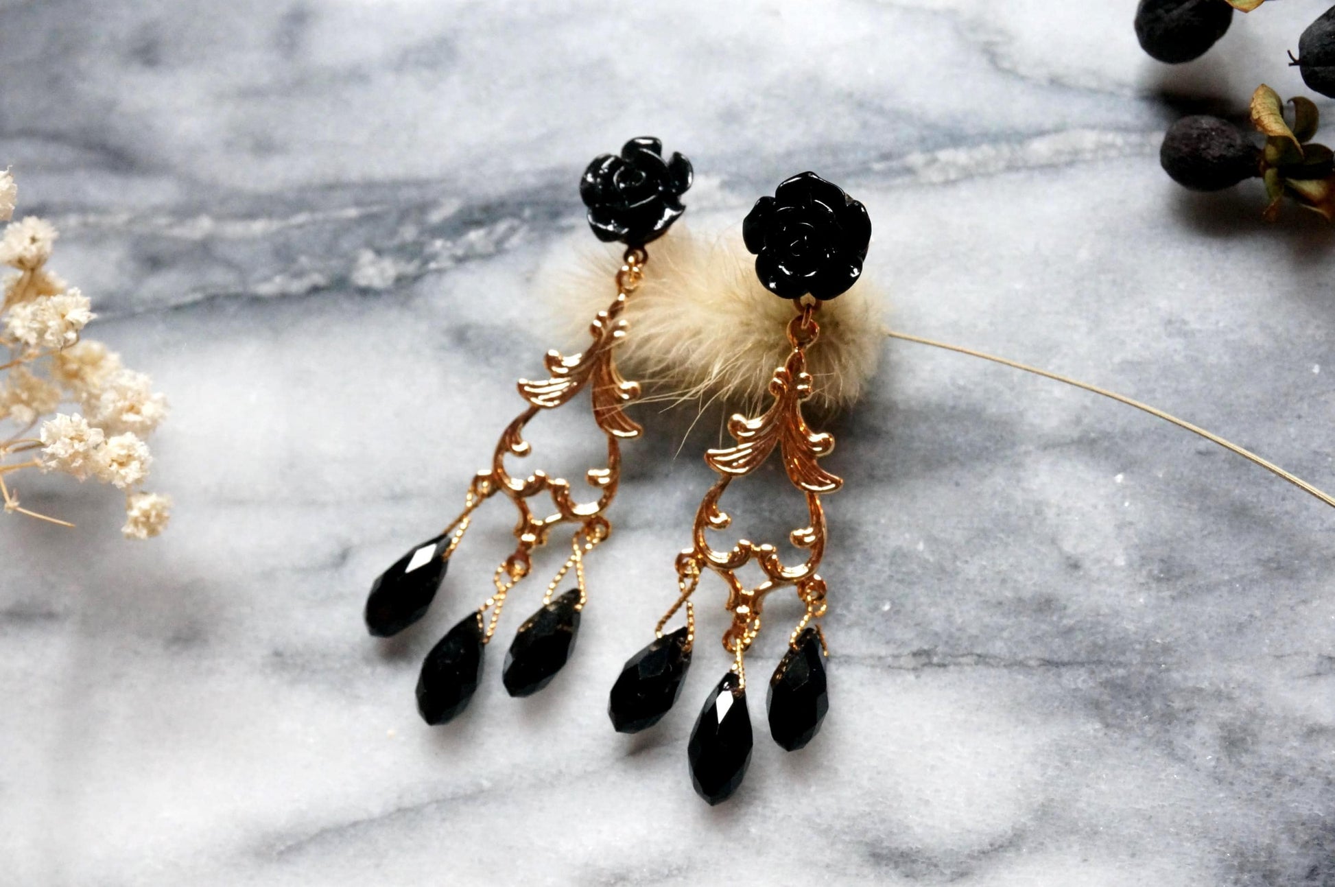 ROSALIND Black and Gold Rose and Filigree with Teardrop Crystals