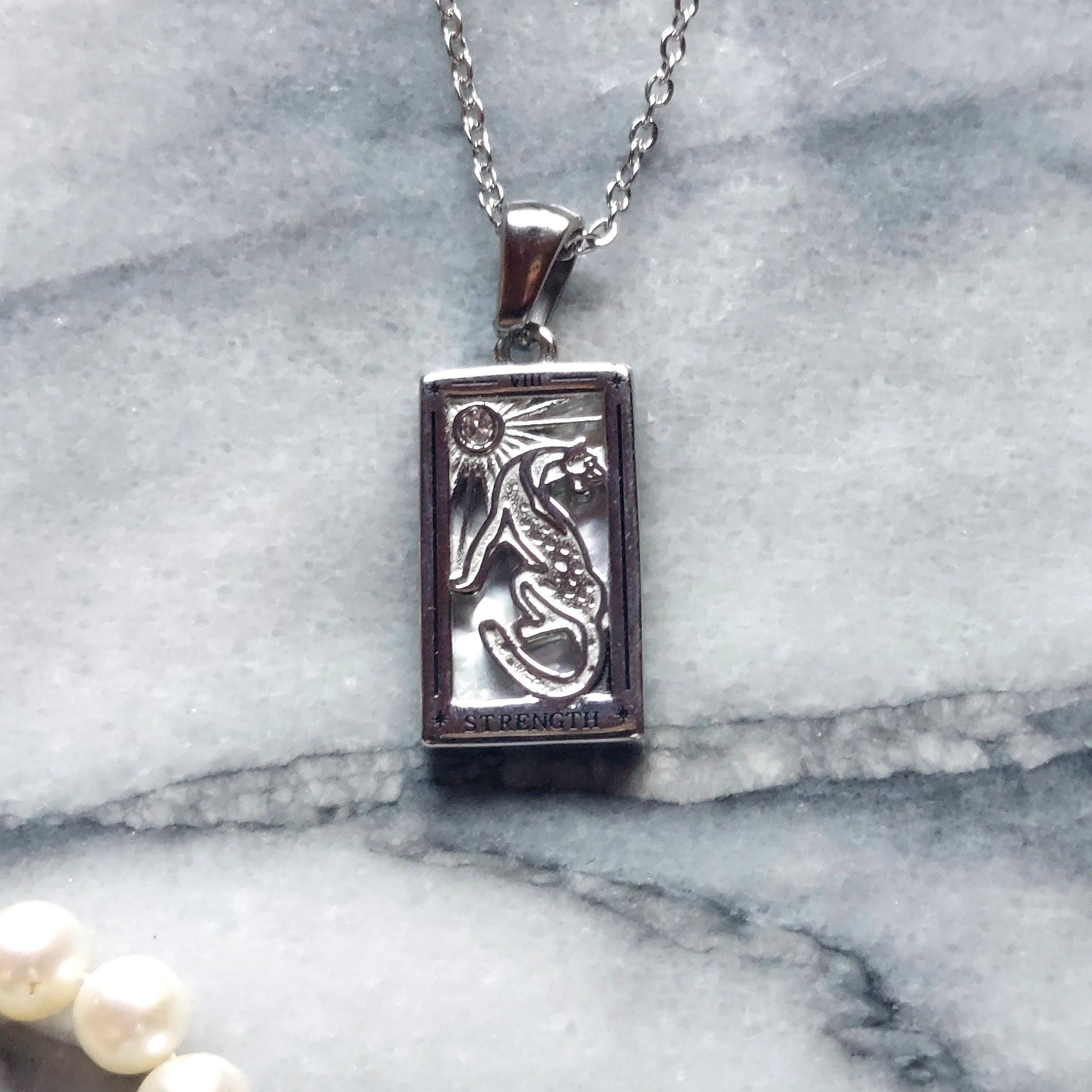 Silver Tarot Card Necklaces / Tarot Card Frame Necklaces / Temperance / The Lovers / Strength