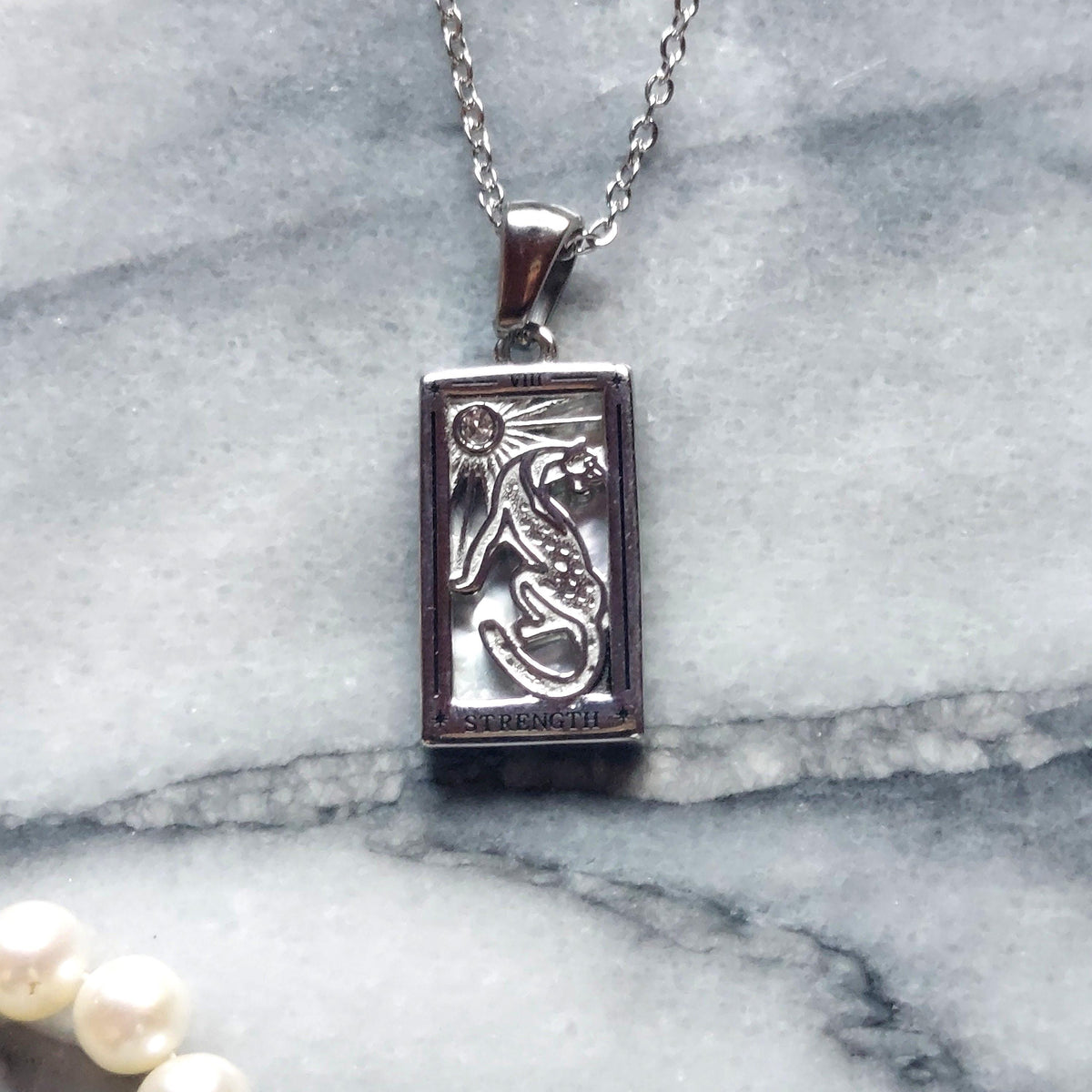 Silver Plated Brass Tarot Necklace with Mother of Pearl Backing – Temperance / The Lovers / Strength Card