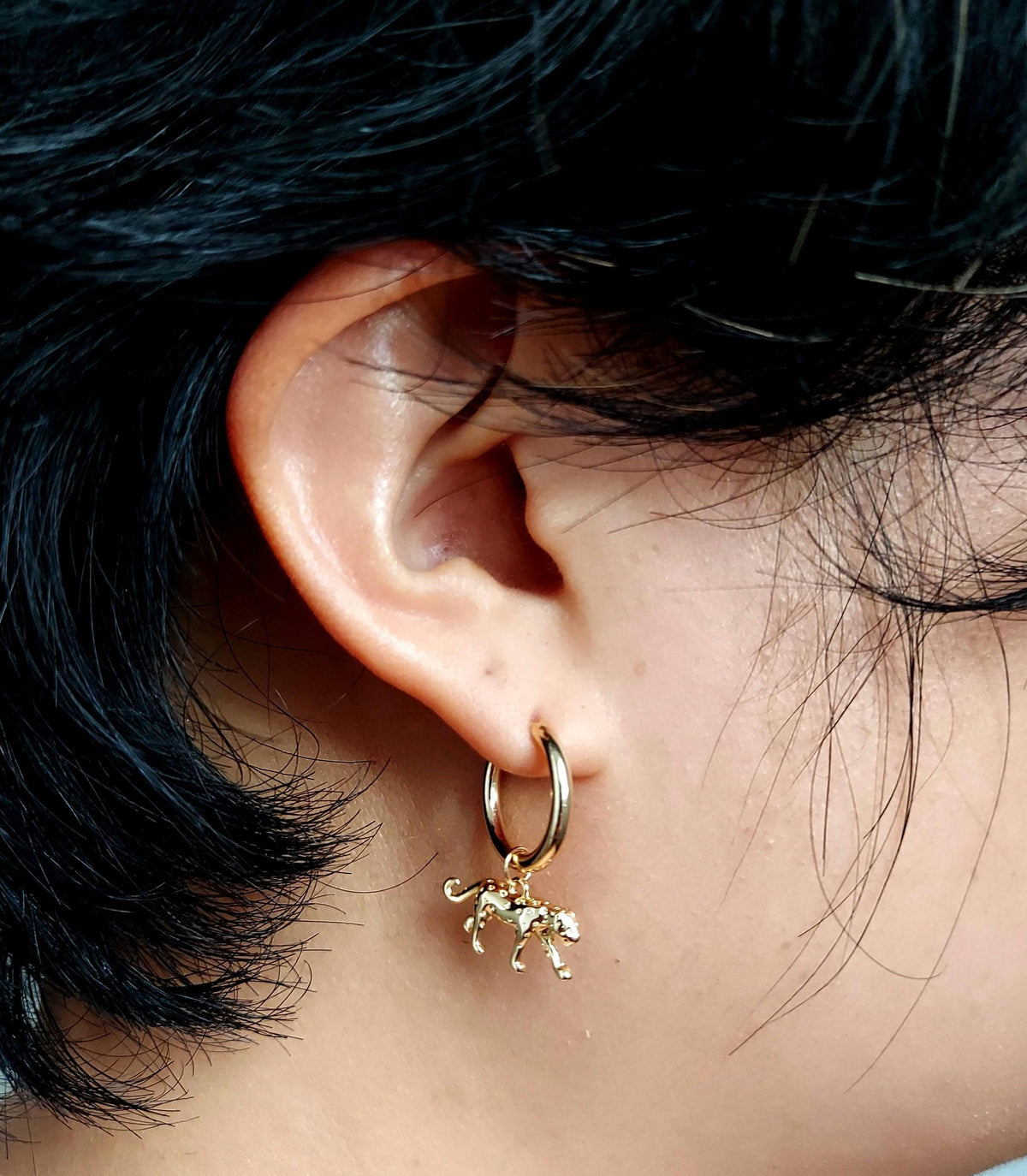 CHEETAH Gold Hoop / Huggie Earrings with Cheetah / Leopard Charm