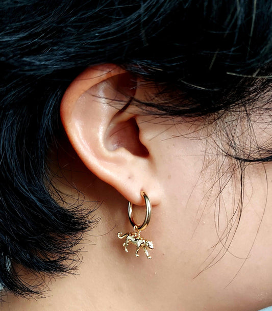 CHEETAH Gold Hoop / Huggie Earrings with Cheetah / Leopard Charm