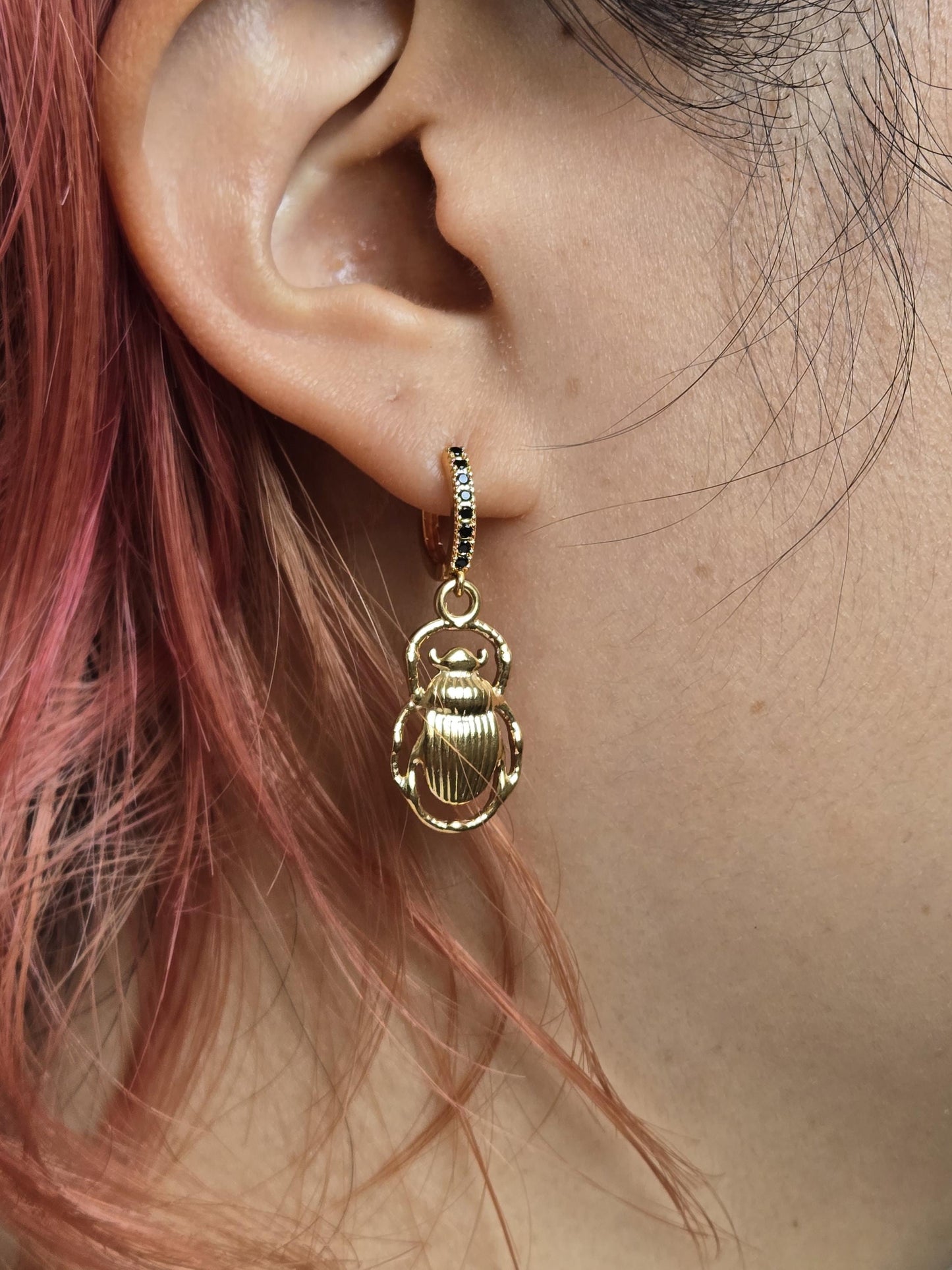 Egyptian Scarab Beetle Gold/Silver Huggie Earrings / Scarab Hoop Earrings