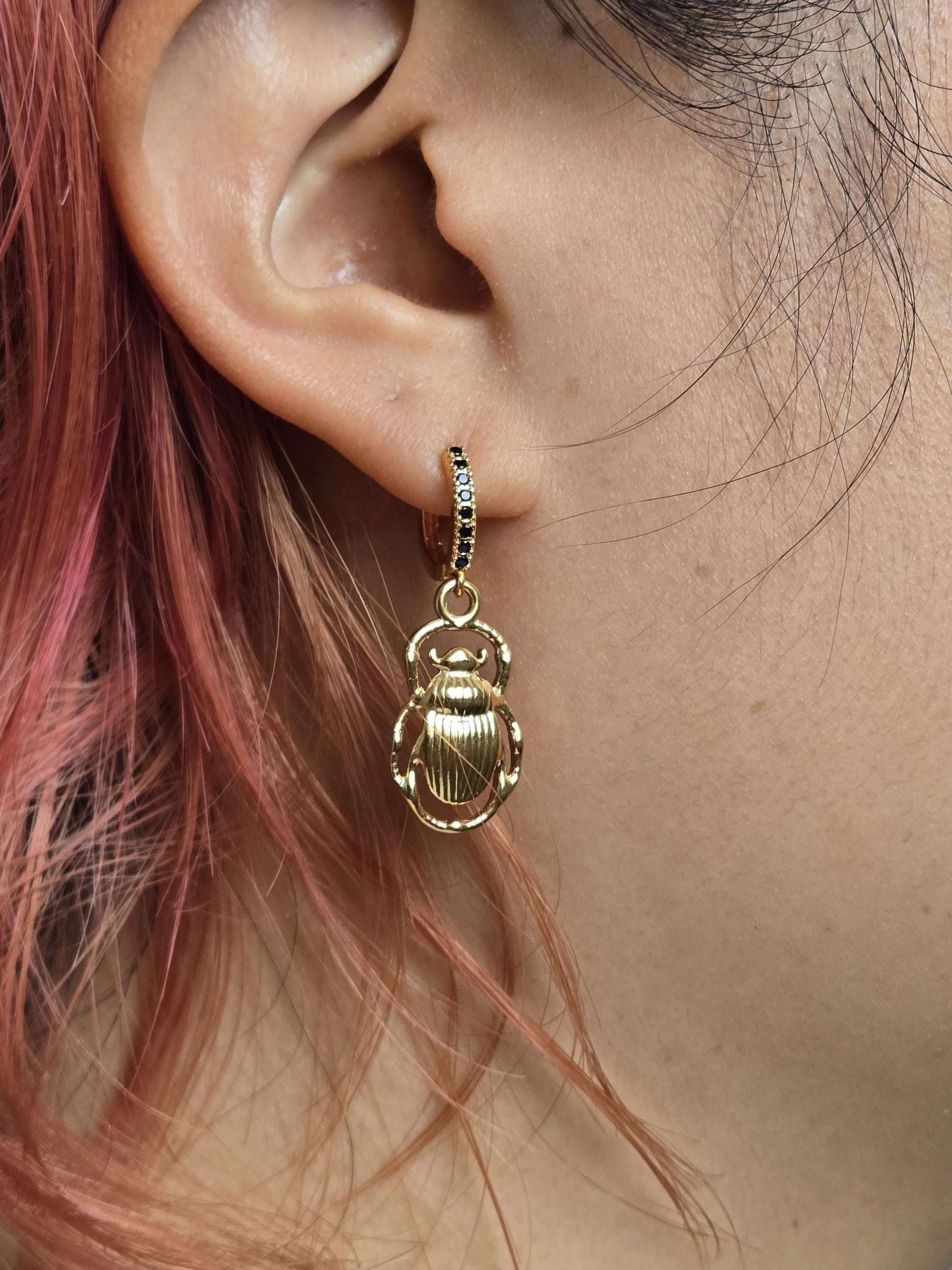 Egyptian Scarab Beetle Gold/Silver Huggie Earrings / Scarab Hoop Earrings