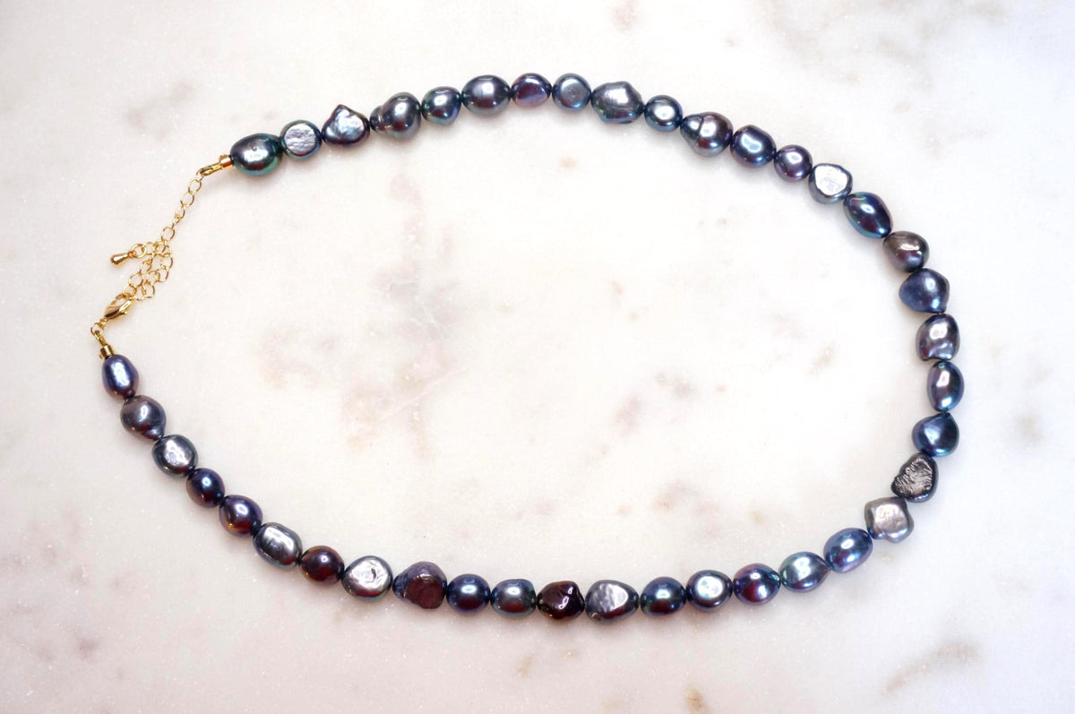 Genuine Baroque Pearl Necklace: White, Peacock Black Pearls, Gold Plated Clasp