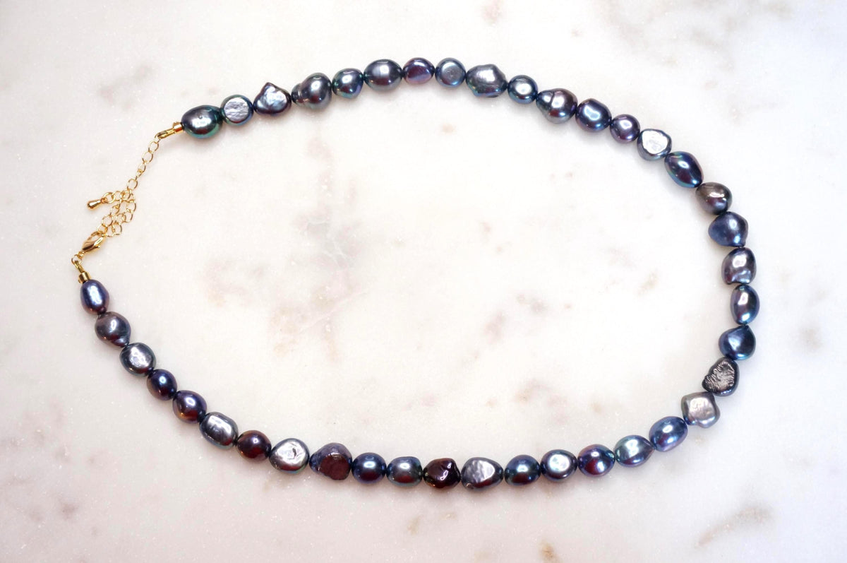 Genuine Baroque Big Pearl Necklace: White and Peacock Black Pearls, 18k Gold Plated Brass Clasp
