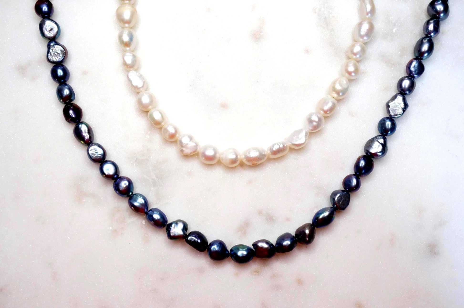 Genuine Baroque Big Pearl Necklace: White and Peacock Black Pearls, 18k Gold Plated Brass Clasp