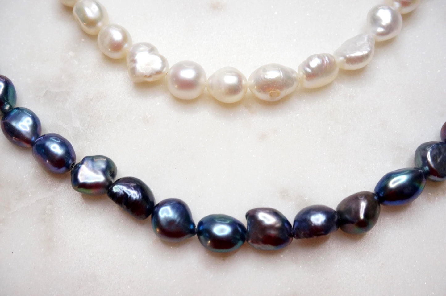 Genuine Baroque Big Pearl Necklace: White and Peacock Black Pearls, 18k Gold Plated Brass Clasp