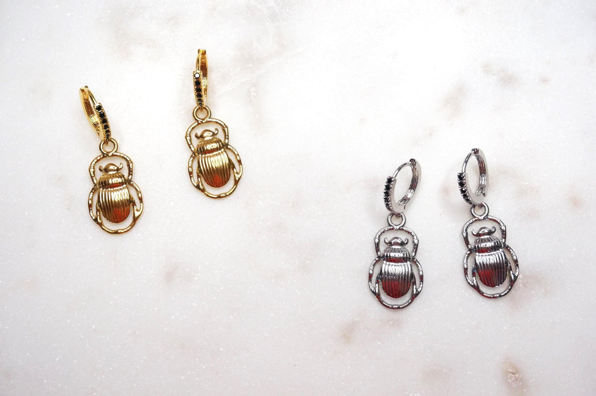 Egyptian Scarab Beetle Gold/Silver Huggie Earrings / Scarab Hoop Earrings