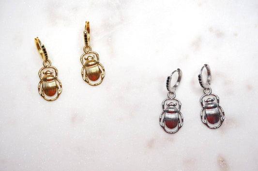 Egyptian Scarab Beetle Gold/Silver Huggie Earrings / Scarab Hoop Earrings