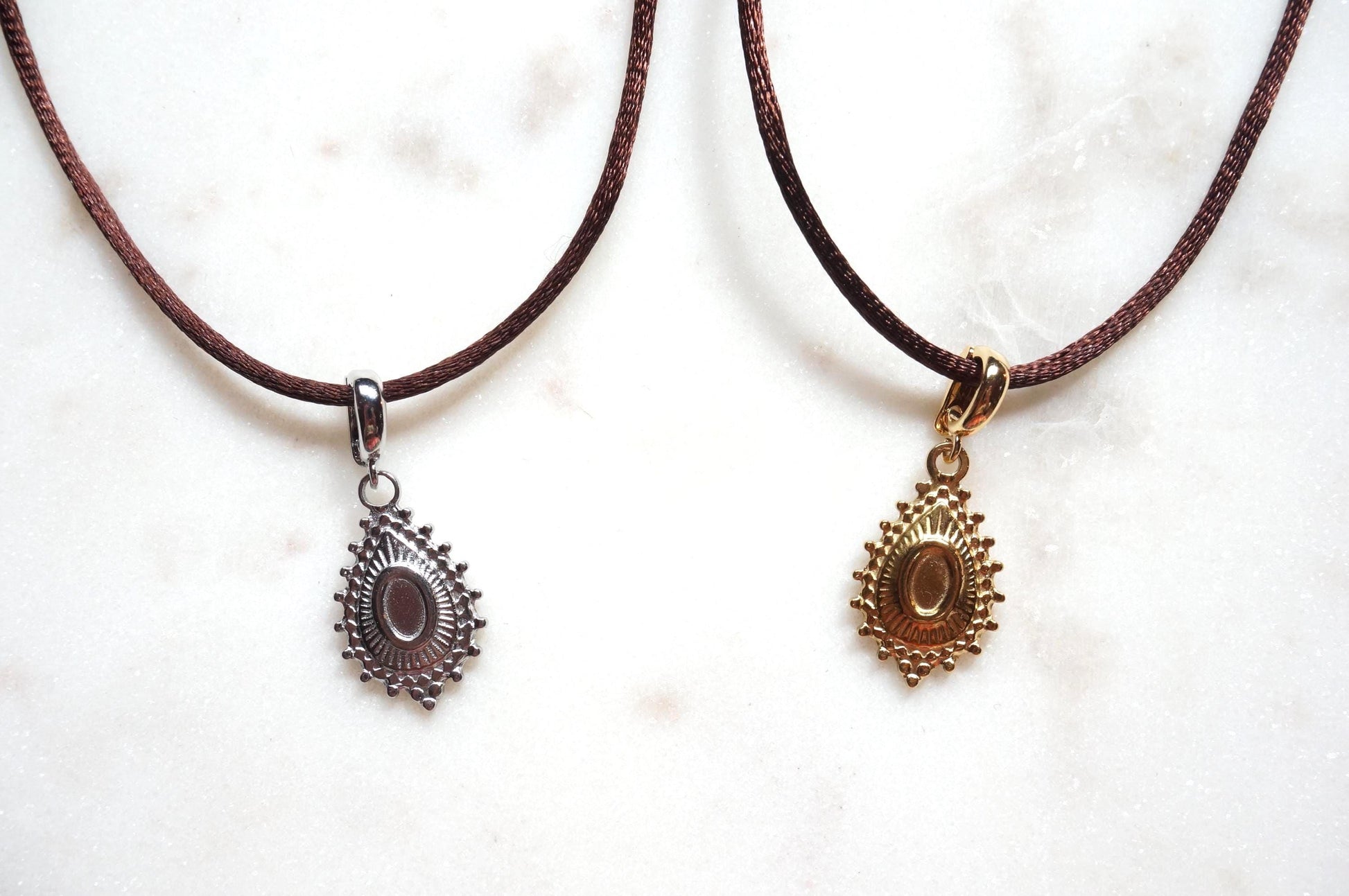 Gold/Silver Tear Drop Pendant Boho Sateen Cord Necklace Necklace