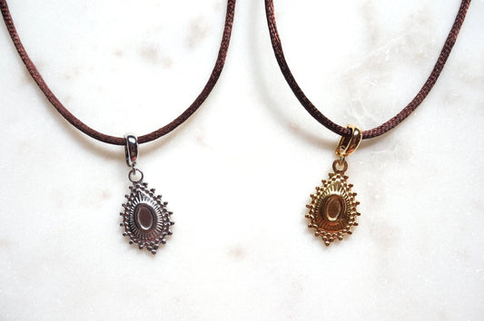 Gold/Silver Tear Drop Pendant Boho Sateen Cord Necklace Necklace