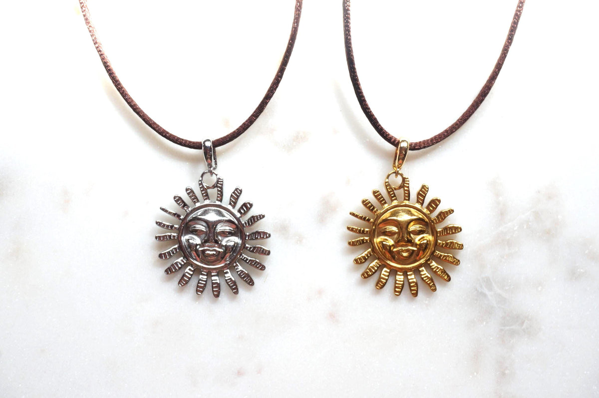 Gold/Silver Whimsical Sun Pendant Boho Sateen Cord Necklace
