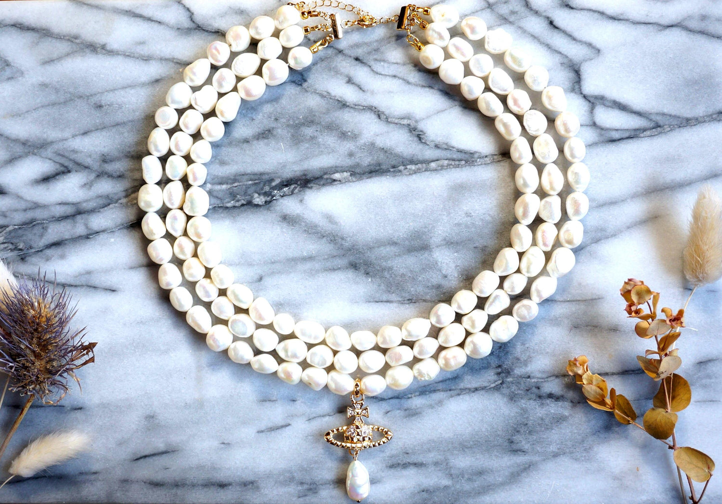 VICTORIA Three Layer Pearl / Black Pearl Necklace / Three Row Pearl Drop Choker