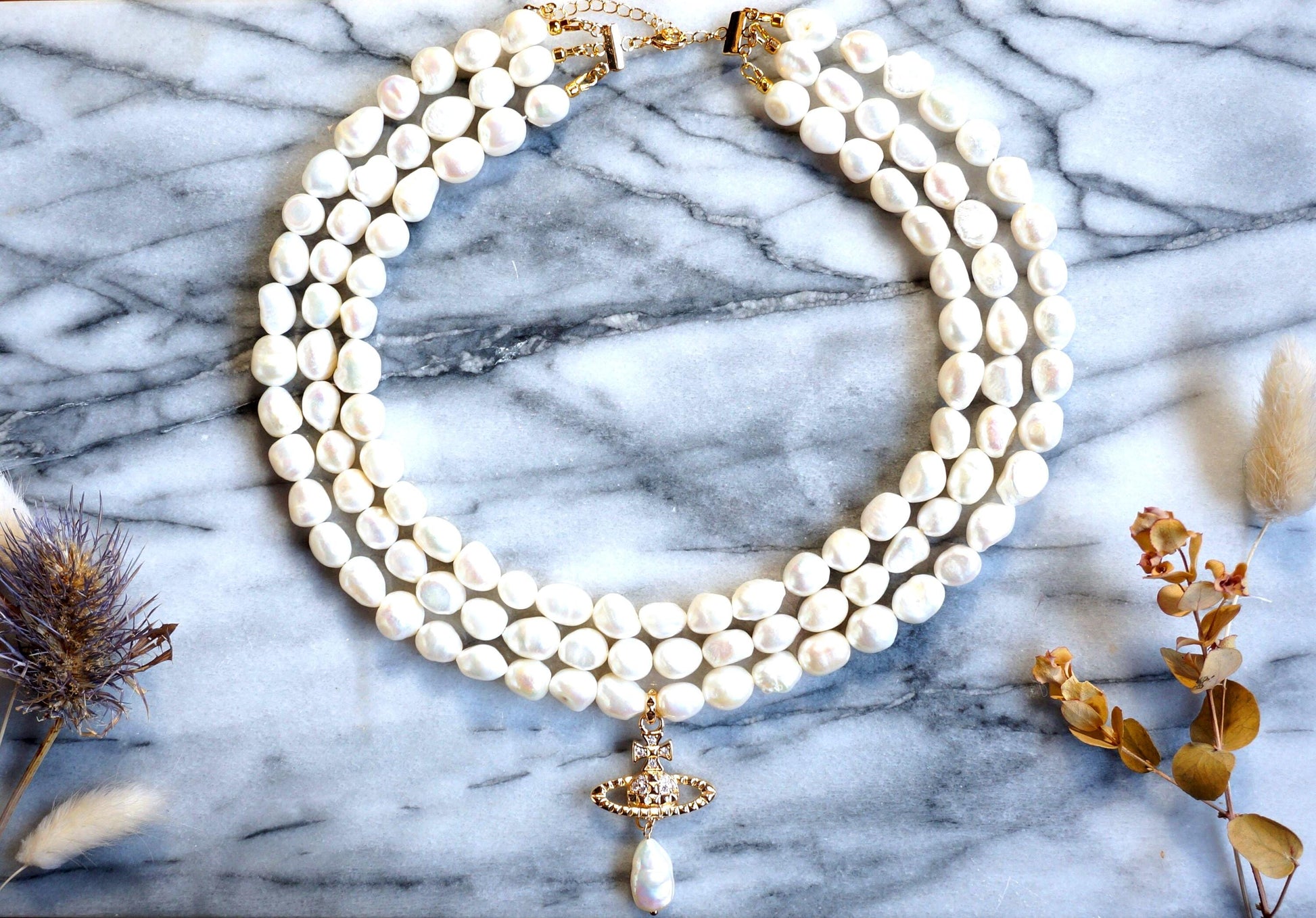 VICTORIA Three Layer Pearl / Black Pearl Necklace / Three Row Pearl Drop Choker