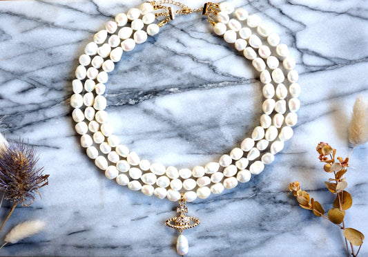 VICTORIA Three Layer Pearl / Black Pearl Necklace / Three Row Pearl Drop Choker