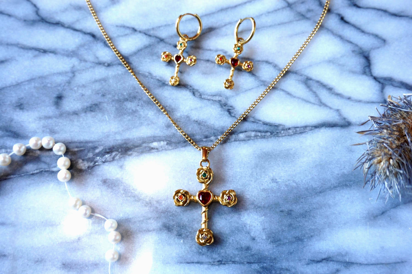 Heart Gem Cross necklace and earrings