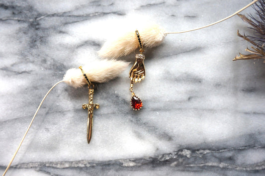 LADY MACBETH Gold / Silver / Black Sword, Hand and Blooddrop Earrings / Hoops