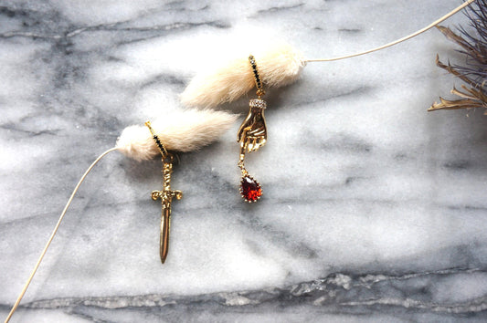 LADY MACBETH Gold / Silver / Black Sword, Hand and Blooddrop Earrings / Hoops