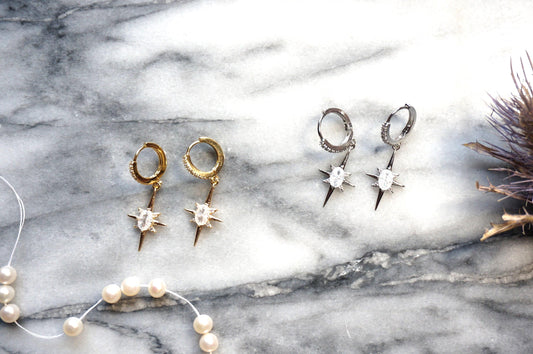 SELESTE North Star Opalite Huggie Hoop Earrings in Gold / Silver