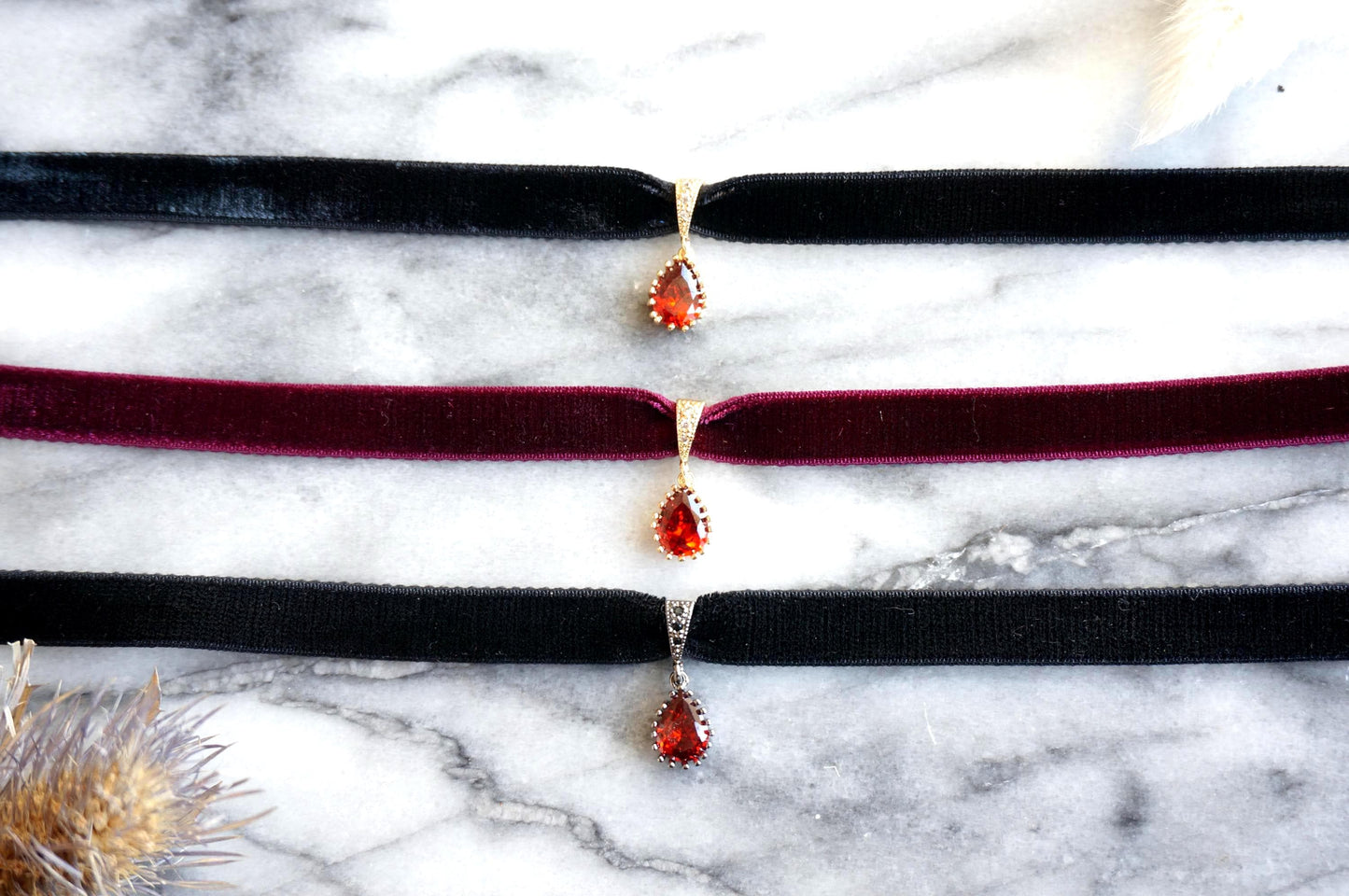 RUBY Deep Red Teardrop and Burgundy/Black Stretch Velvet Choker