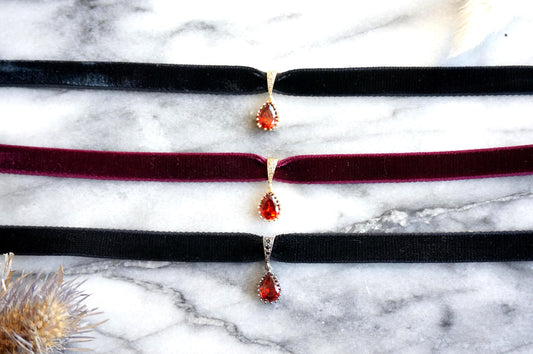 RUBY Deep Red Teardrop and Burgundy/Black Stretch Velvet Choker