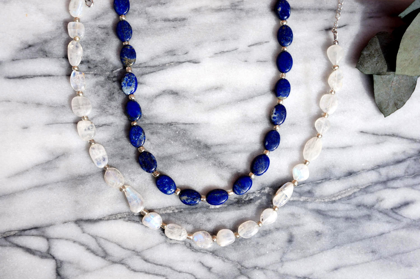 Semi-precious Stone Oval Bead Strand Necklaces / Blue, White Stone Bead Necklaces