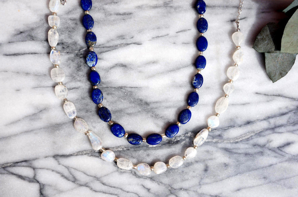 Semi-precious Stone Oval Bead Strand Necklaces / Blue, White Stone Bead Necklaces