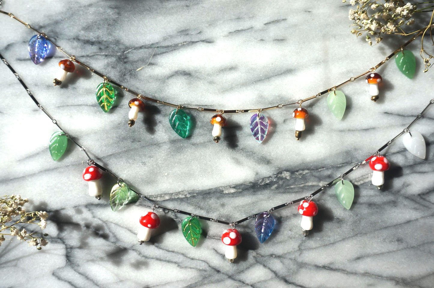 Shroompetal Brown and red Mushroom and leaves cluster necklace / gold and silver / fairycore mushroom necklace / fae festival necklace
