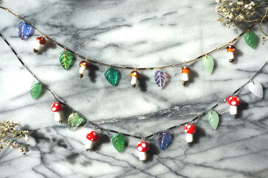 Shroompetal Brown and red Mushroom and leaves cluster necklace / gold and silver / fairycore mushroom necklace / fae festival necklace