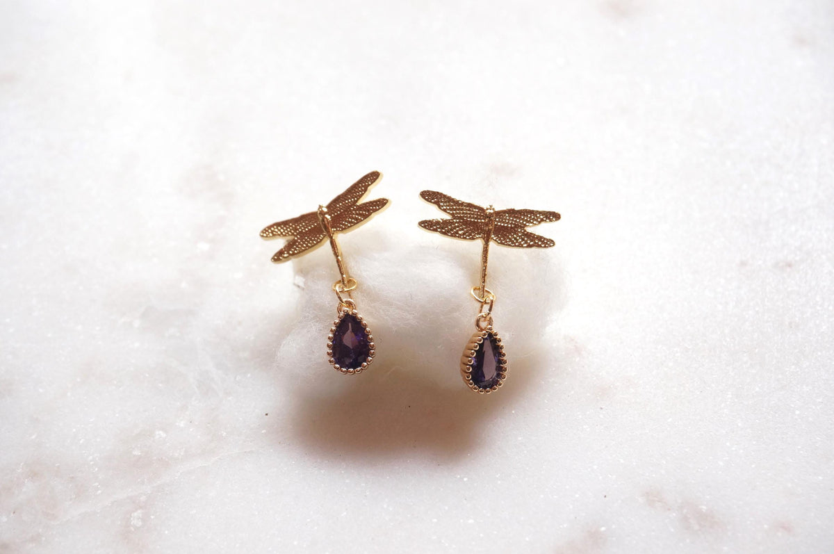 Y2K Dragonfly Stud Earrings with Purple Cubic Zirconia, 18K Plated Brass, Sterling Silver Pins