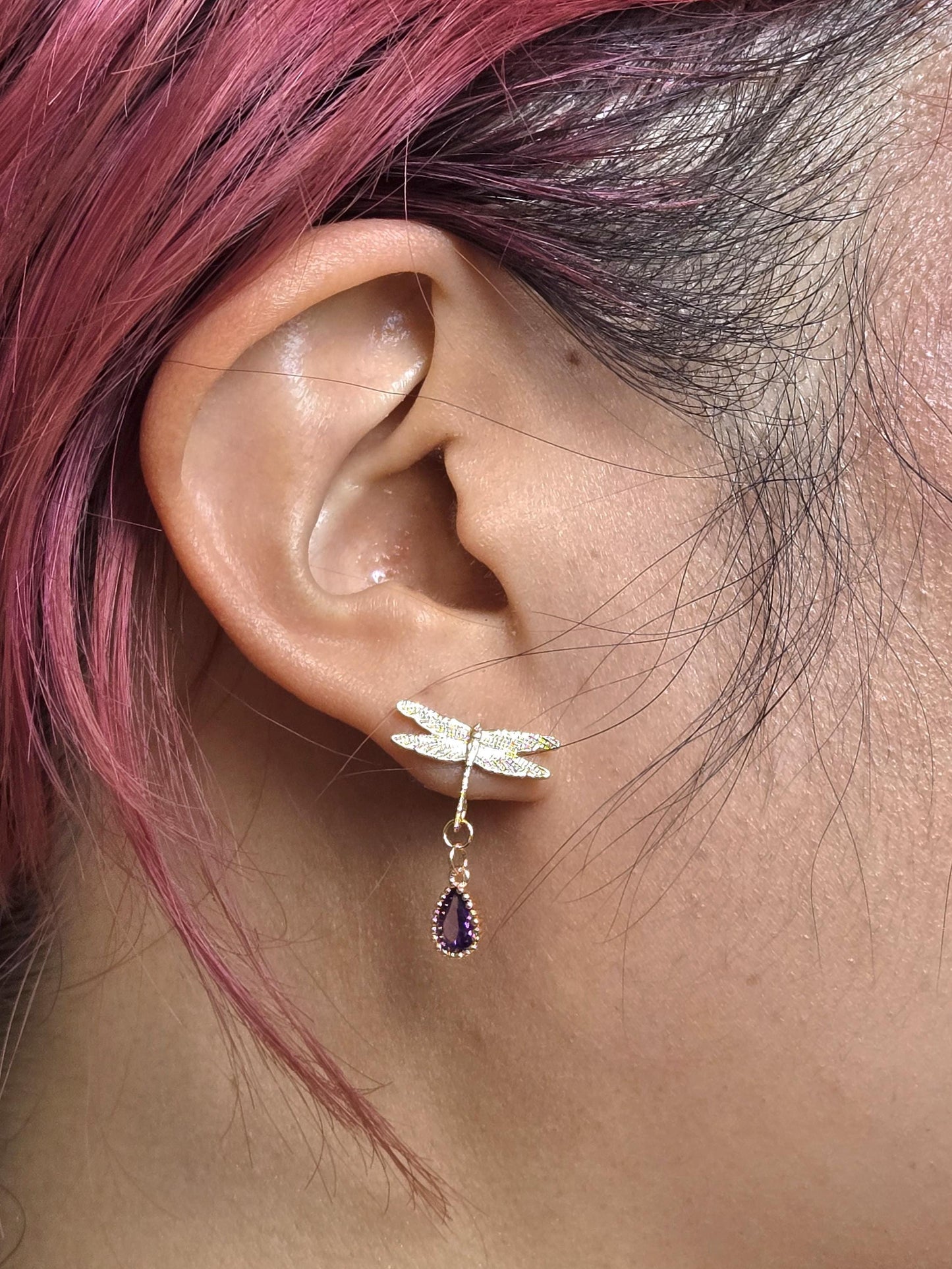 Dragonfly with Purple Gems Stud Earrings/ Y2K Dragonfly Earrings