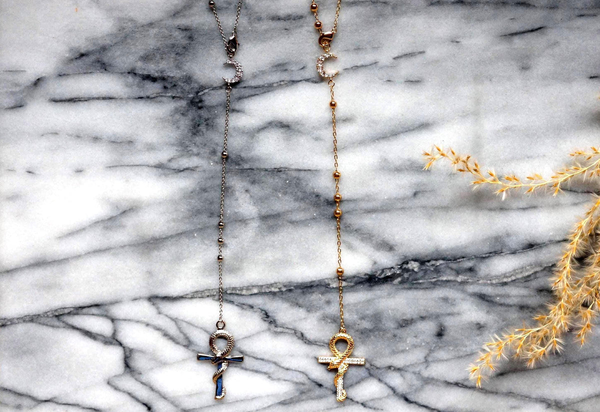 Snake Ankh and Moon Gold/Silver Rosary Style Necklace / Cross Necklace
