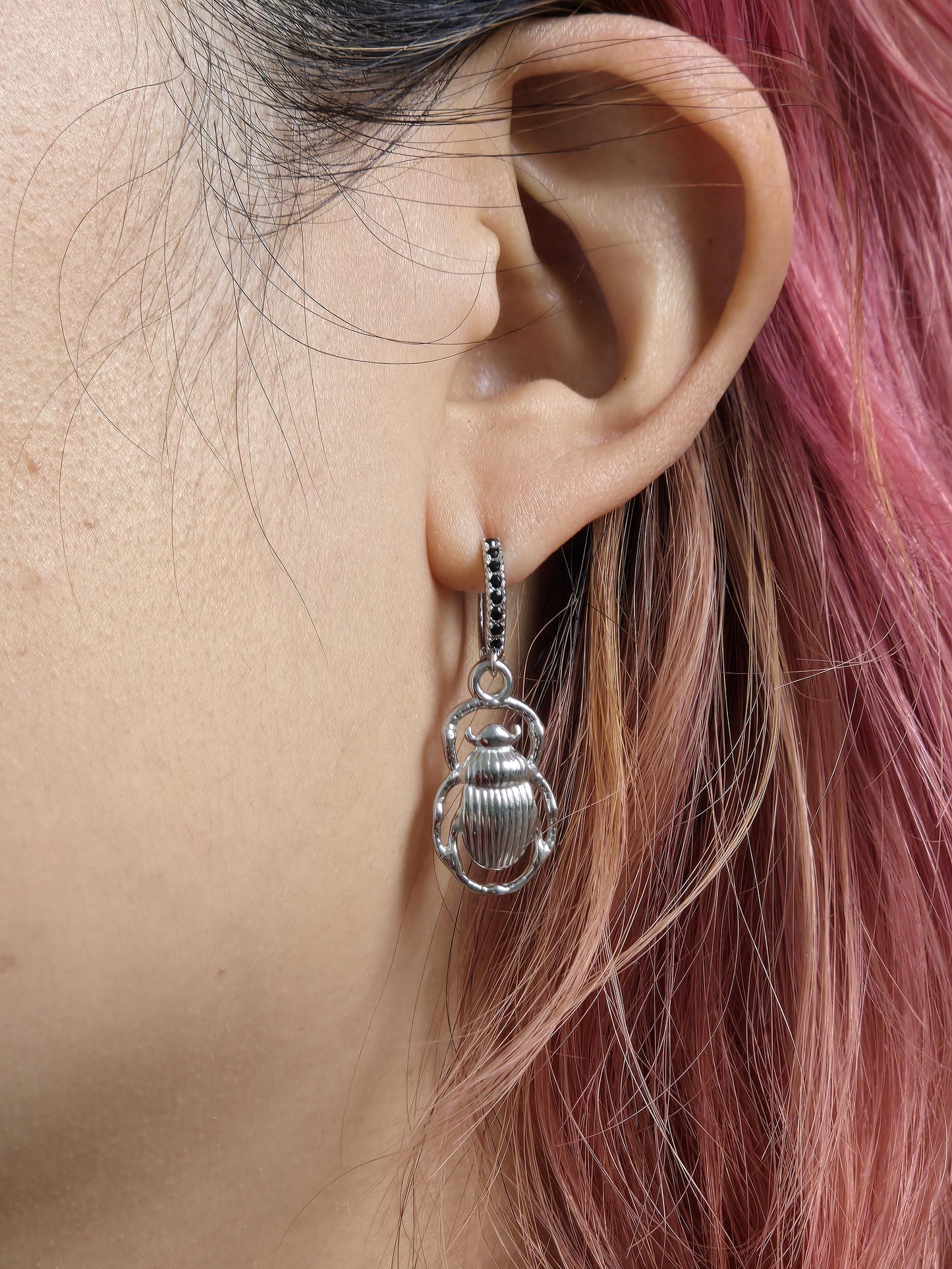 Egyptian Scarab Beetle Gold/Silver Huggie Earrings / Scarab Hoop Earrings