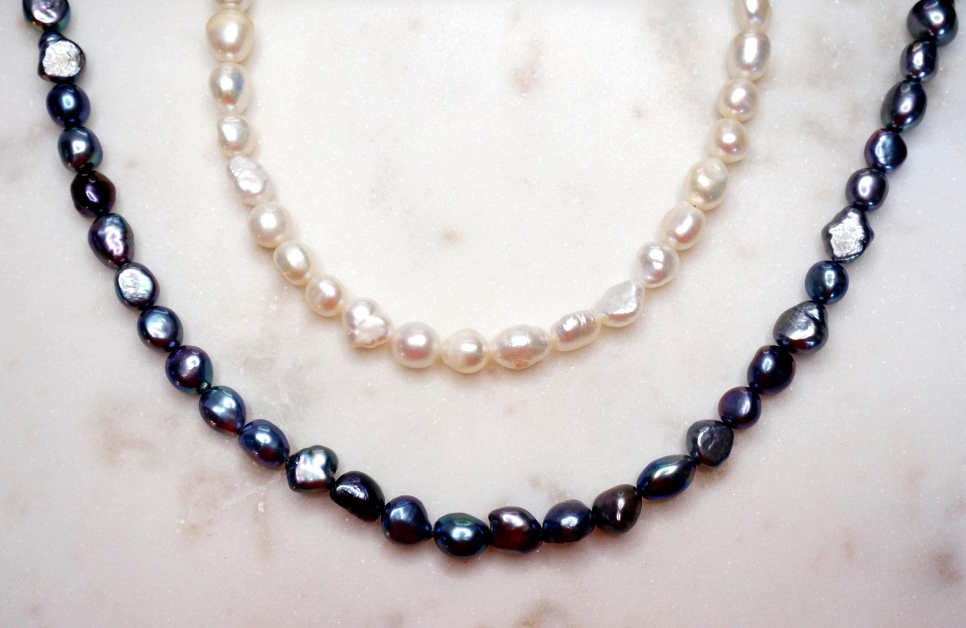 Genuine Baroque Big Pearl Necklace: White and Peacock Black Pearls, 18k Gold Plated Brass Clasp