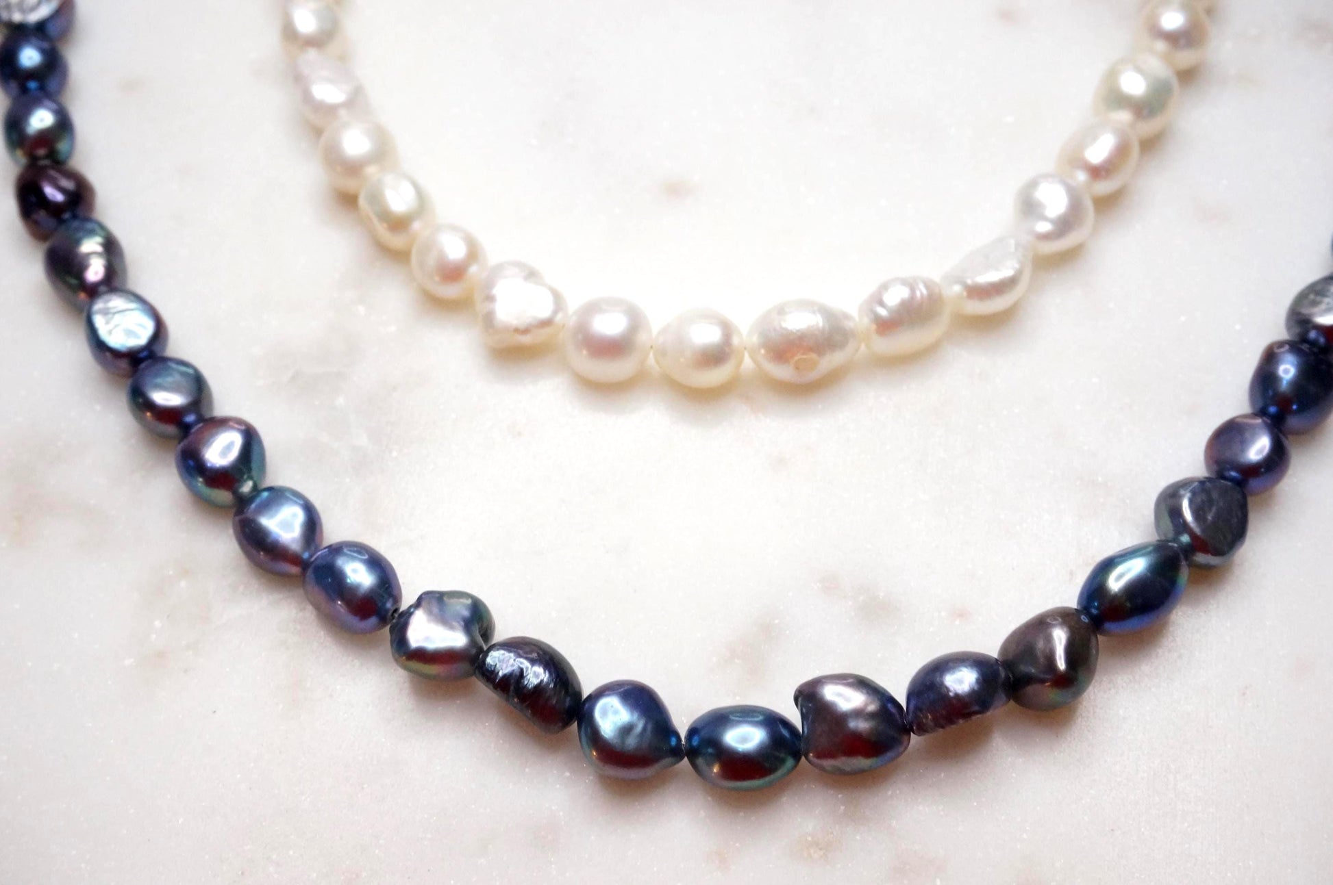 Genuine Baroque Big Pearl Necklace: White and Peacock Black Pearls, 18k Gold Plated Brass Clasp