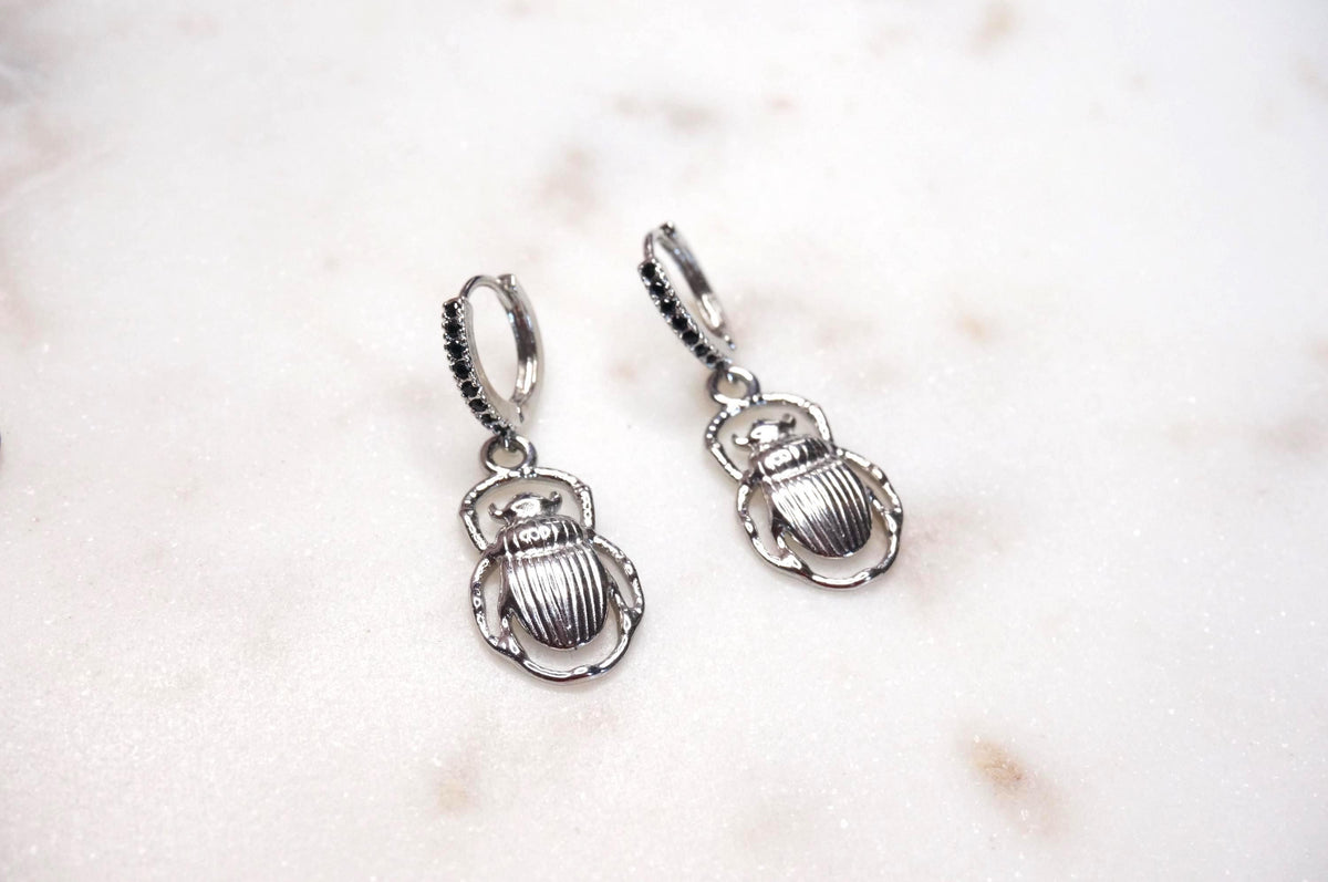 Egyptian Scarab Beetle Gold/Silver Huggie Earrings / Scarab Hoop Earrings