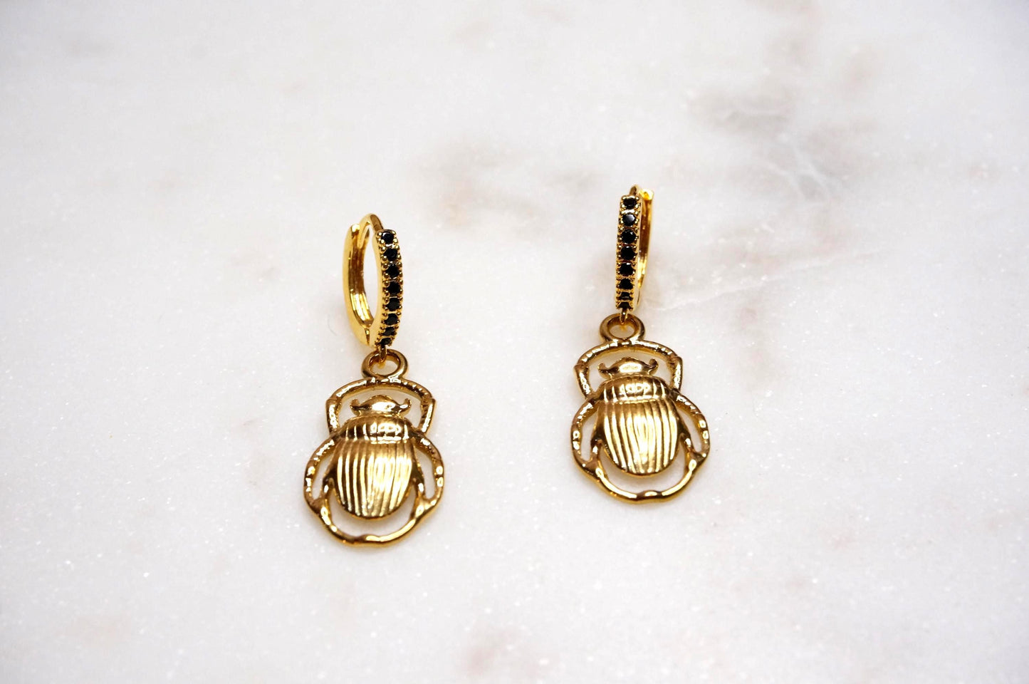 Egyptian Scarab Beetle Gold/Silver Huggie Earrings / Scarab Hoop Earrings