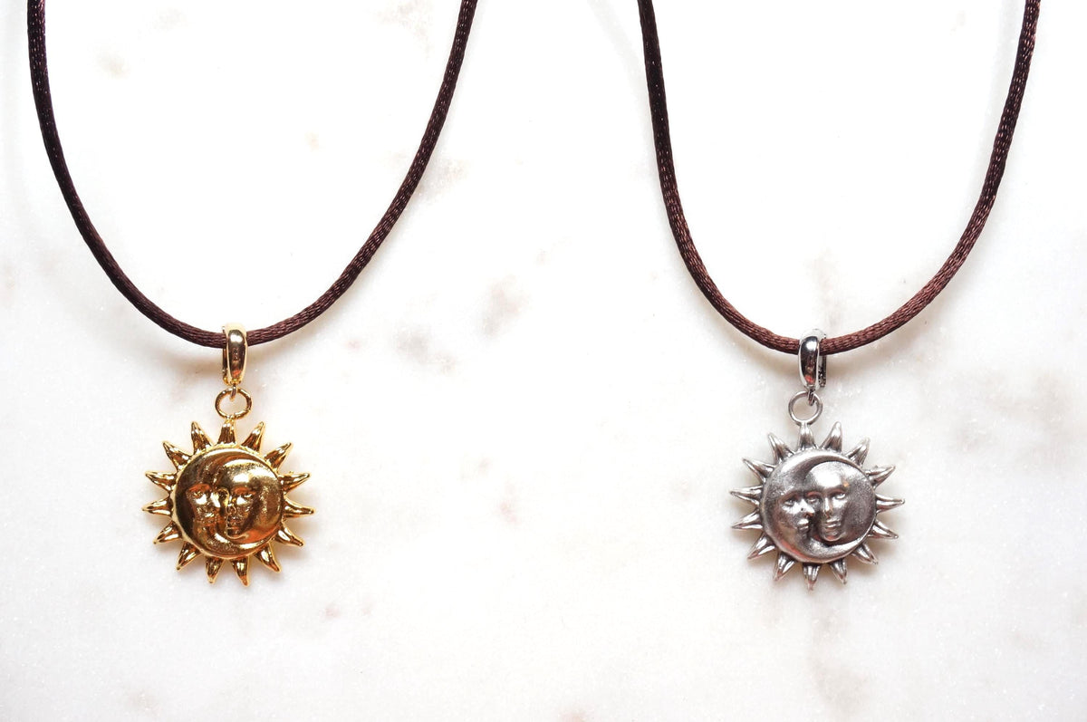 Gold/Silver Sun and Moon Pendant Boho Sateen Cord Necklace