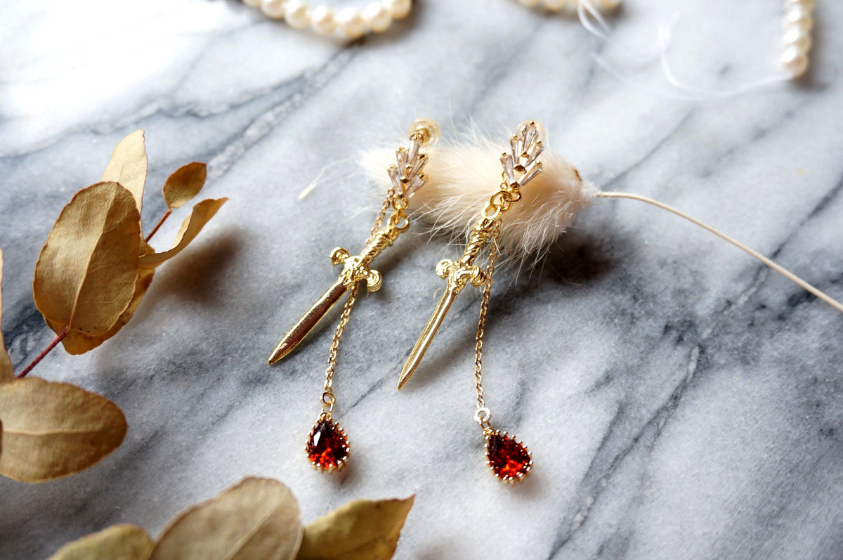 Sword and Blood Drop Dangle Earrings, Gold, Silver, Black Plated Brass