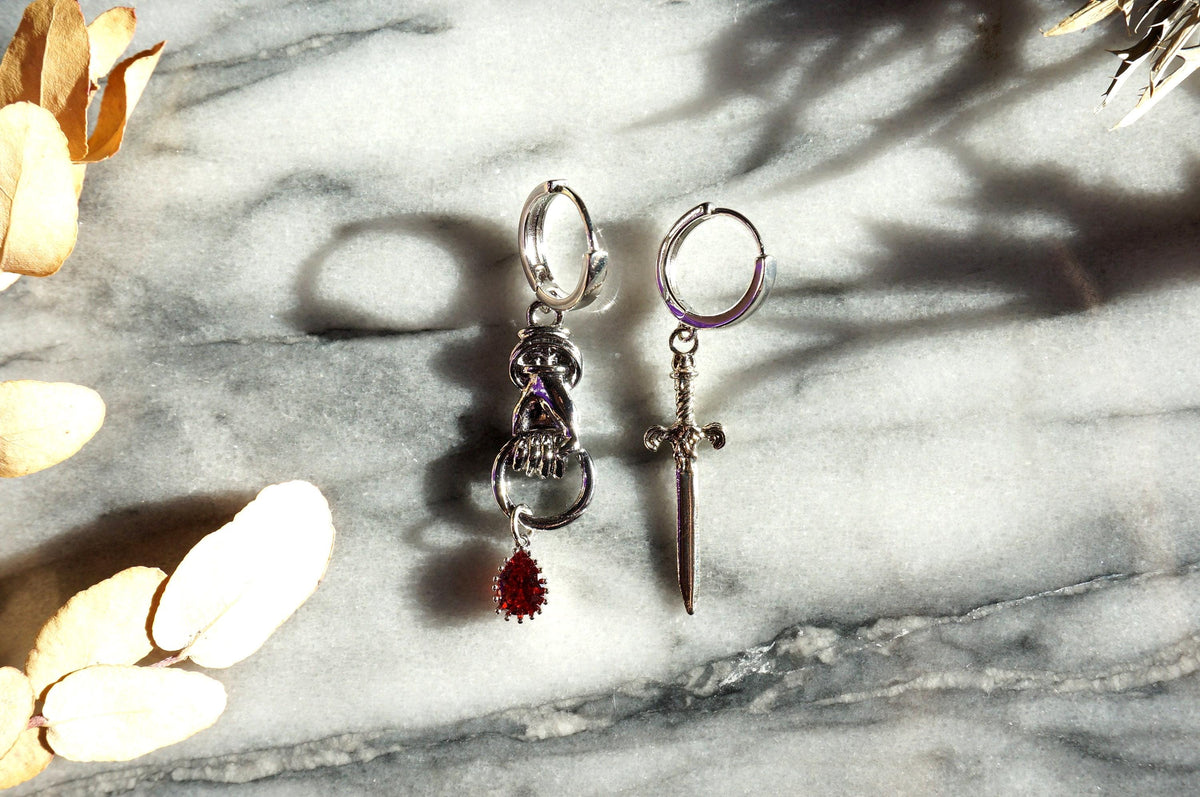 THE HAND Silver Sword and Teardrop Mismatched Huggie Earrings / Red Teardrop Earrings